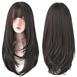 7JHH WIGS Hair Dye Wig for Women Synthetic Hair Natural Long Straight Wig With Bangs (22inch, Black tea)