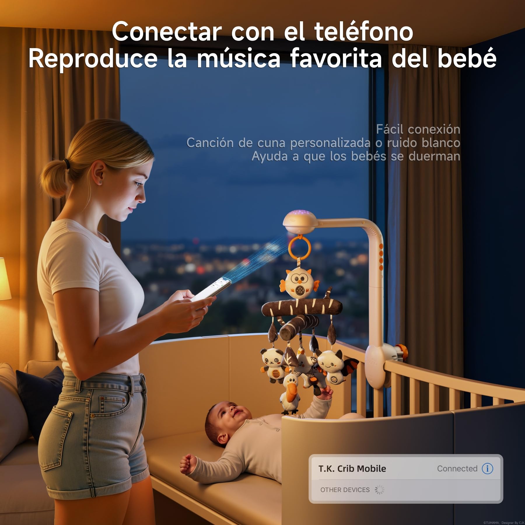 TUMAMA Movil Cuna Bebe, Juguete de Cuna moviles bebes, 3 en 1 con Desmontable Colgante, Luz Nocturna de Proyección, Música y Ruido Blanco, Juguetes sensoriales de Kinderwagen para 0 2 3 6 Meses