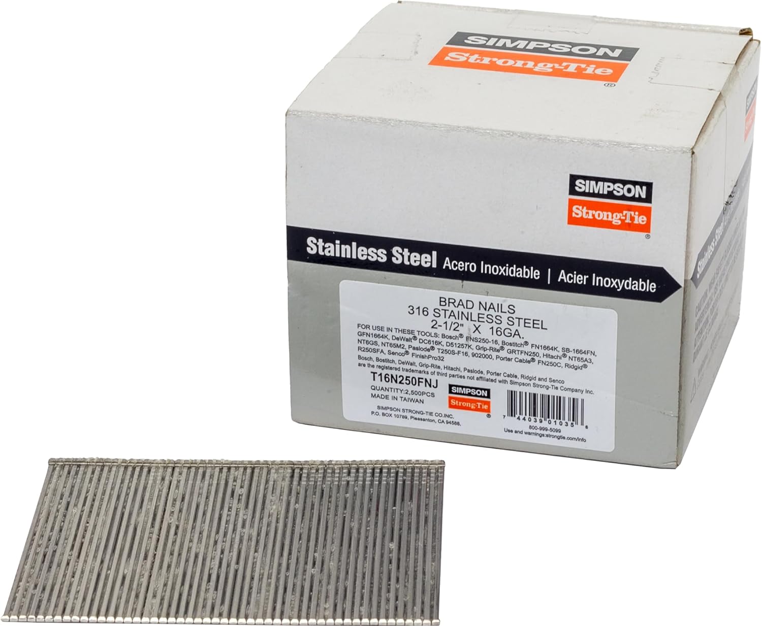 Simpson Strong Tie Simpson Strong Tie T16N250FNJ 2-1/2-inch 16 Gauge Straight Finish Nails Similar to Hitachi and Paslode style 316 Stainless Steel 2500 per box