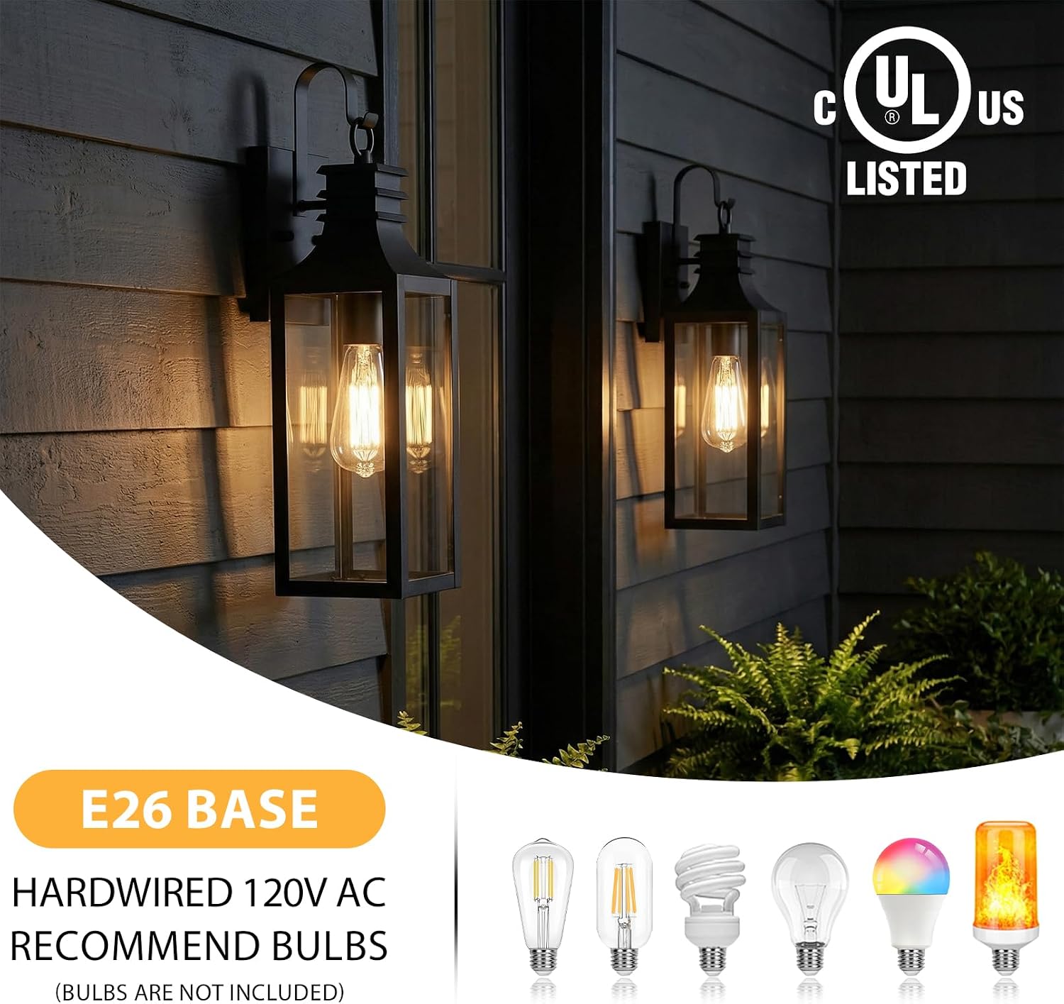 18" Outdoor Wall Lights 2-Pack, Black Modern Exterior Sconces with Clear Glass, Waterproof Aluminum Porch Lighting Fixtures, E26 Medium Base Lantern for House Garage Patio Front Decor
