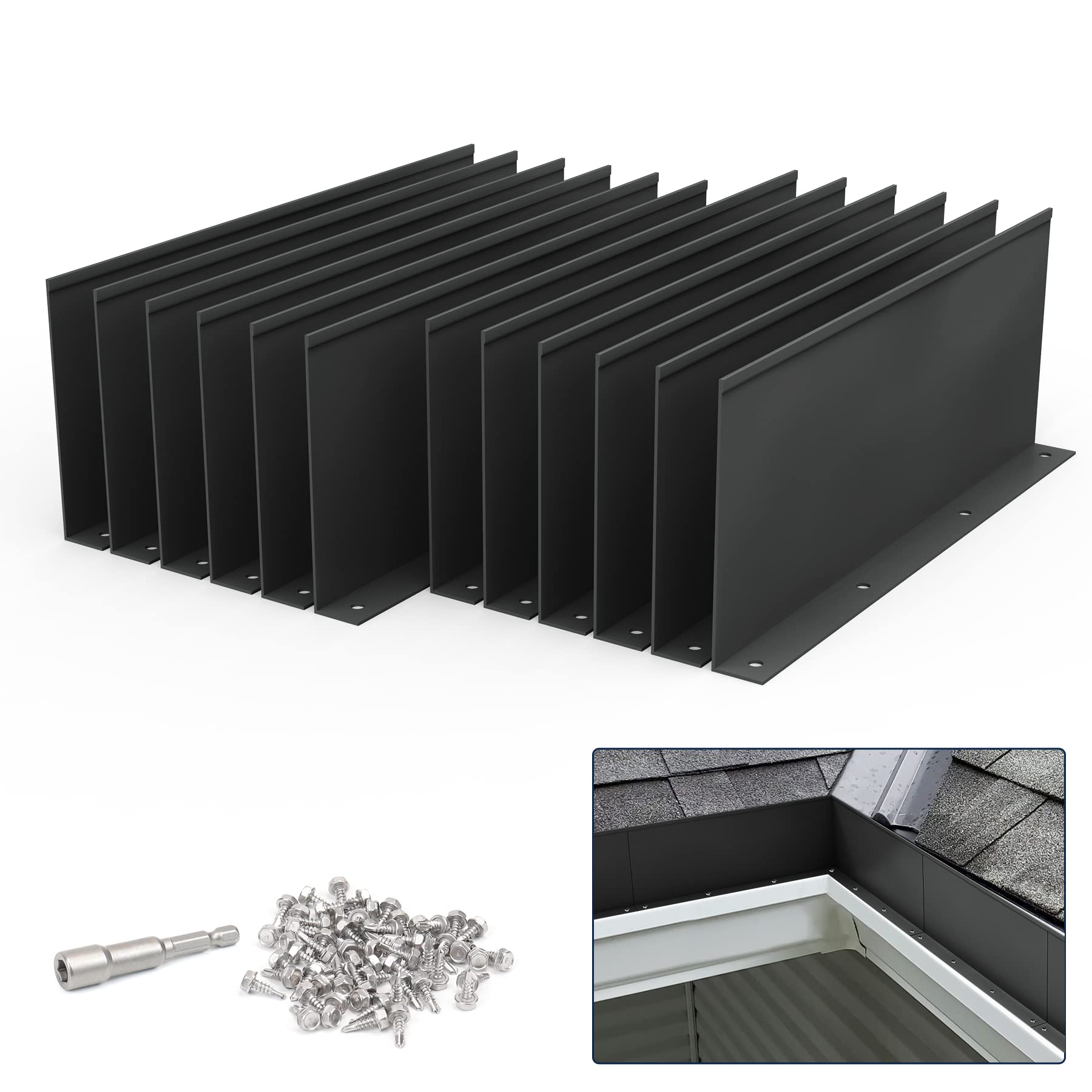 Pearwow Gutter Valley Splash Guard,Aluminum Rain Diverter Roofing Gutter Splash Guards for Valley,Corner or Straight,10 Inch Each (12 Pcs Black)