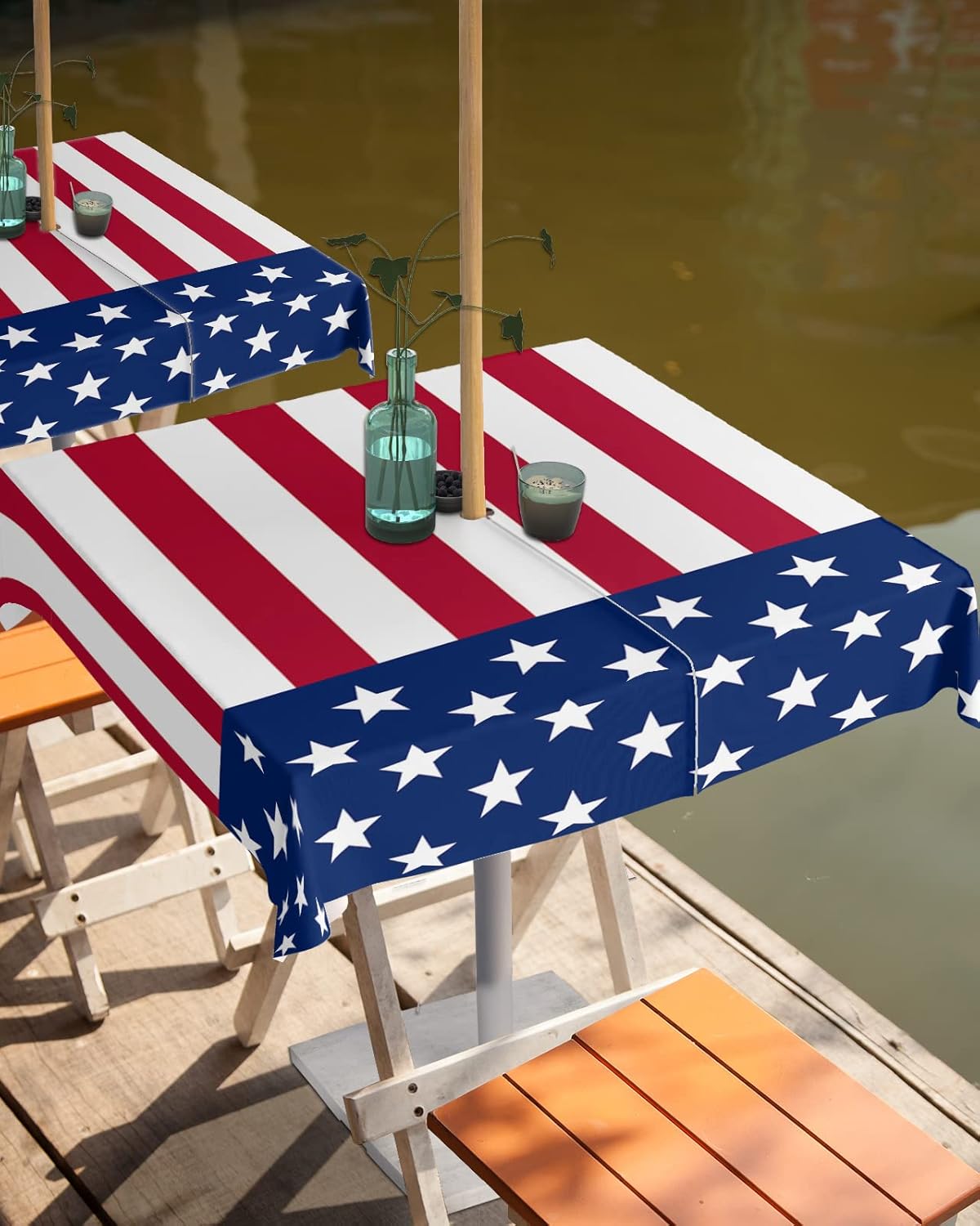 4th of July Tablecloth with Umbrella Hole and Zipper American Flag Square Outdoor Tablecloths 54x54 Inch Outside Table Cloths Stars Red Stripes Patio Table Cloth Cover for Independence Day Garden