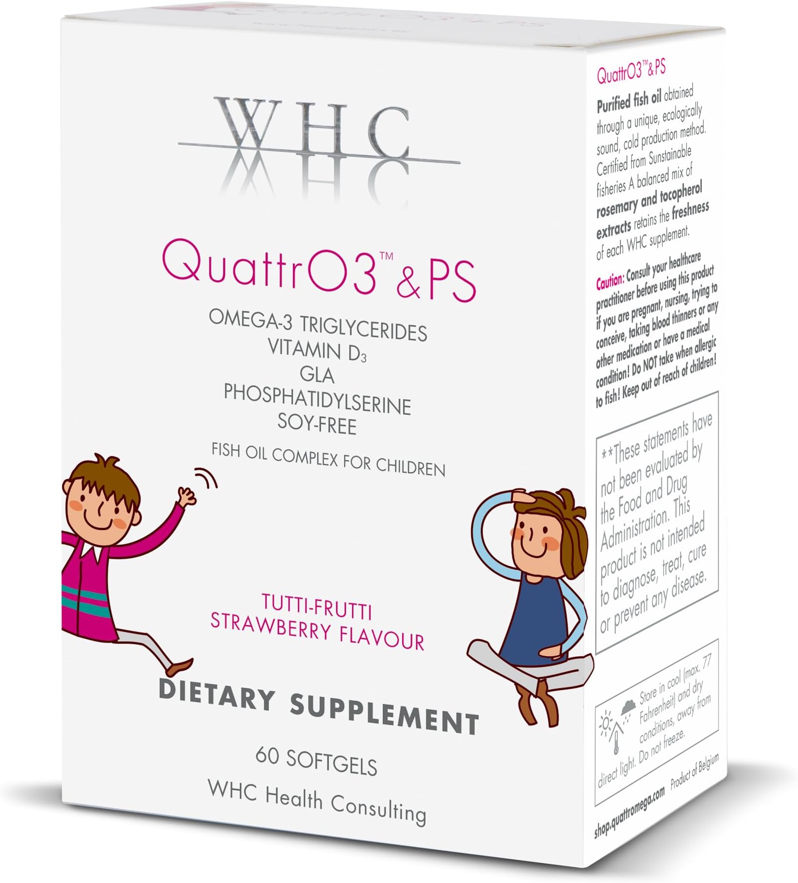 WHC, QuattrO3 & PS, Fish Oil Complex for Children, Omega-3 Triglycerides, Vitamin D3, GLA, Phosphatidylserine, Soy Free, Tutti-Frutti Strawberry Flavor, 60 Softgels