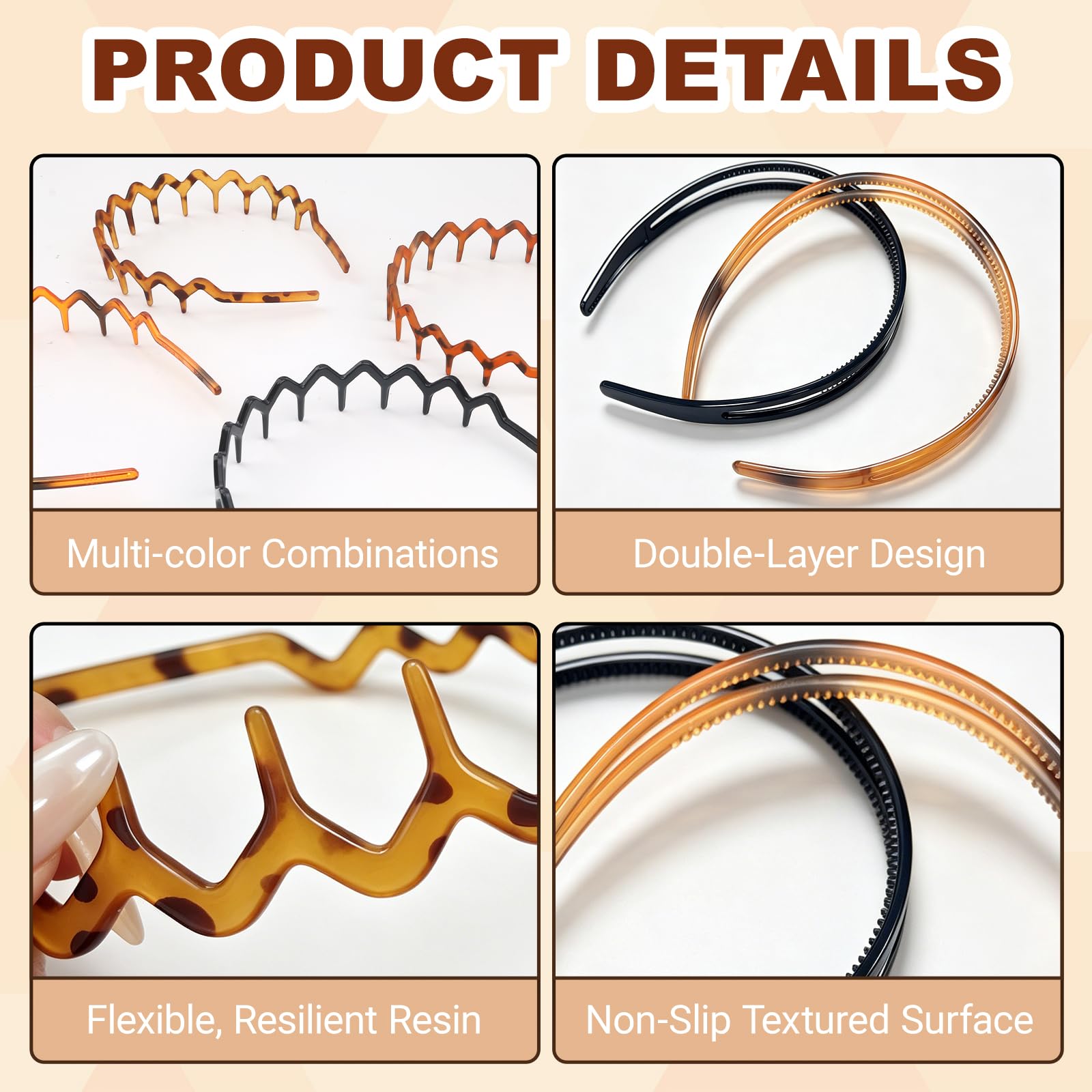 Set di 6 cerchietti per capelli a zig-zag, con pettine a doppia fila di denti, in plastica, di alta qualità, antiscivolo, brillanti, accessori per capelli per donne e ragazze (nero/ambra)