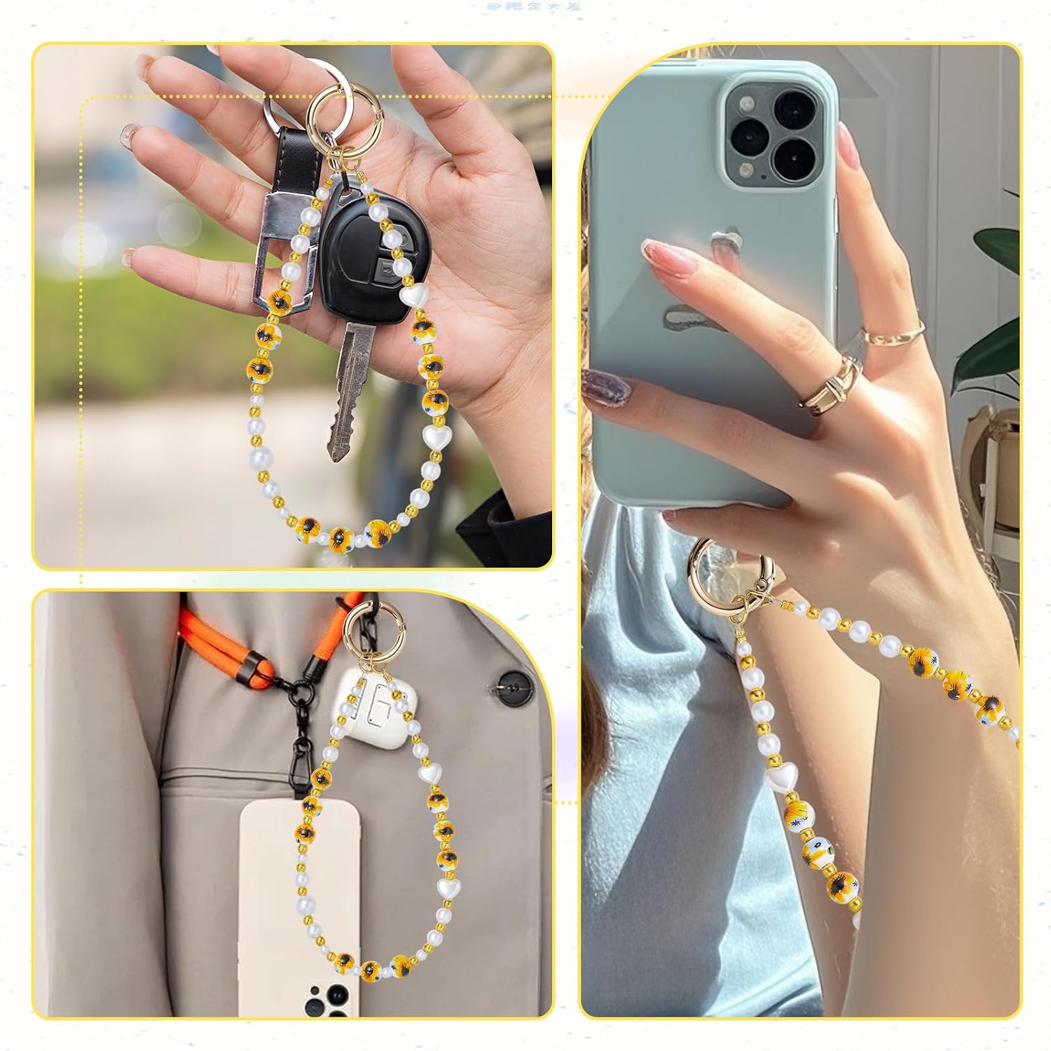 Ornaland Ceramics Beaded Phone Charm Cell Phone Chain Wristlet Flower Charm Strap for Case Keychain Wallet Pendant Decorations
