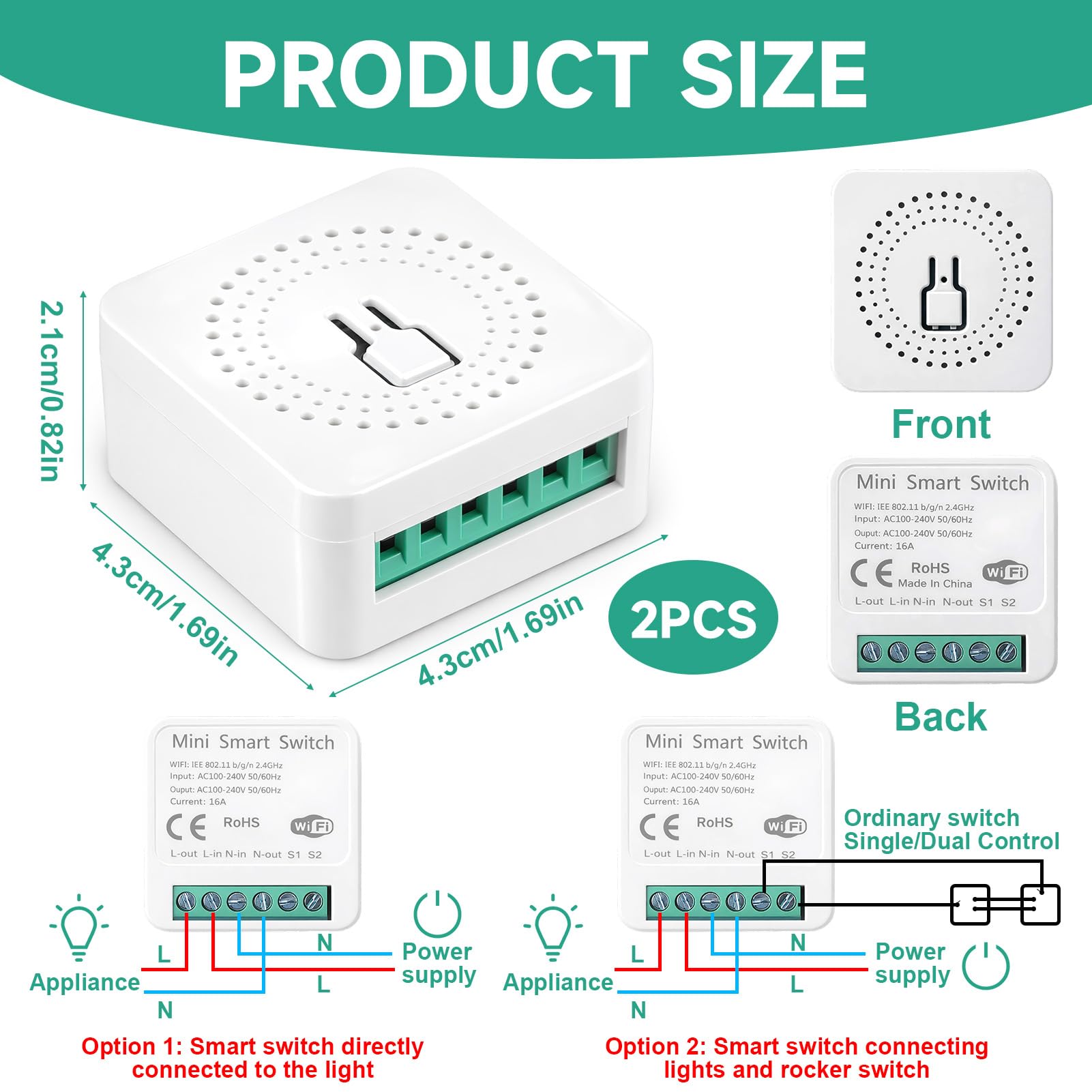 2pcs Interruptor Inteligente WiFi, Smart Switch WIFI Compatible con Alexa Tuya y Smart Life, Mini Interruptor WiFi DIY, Interruptore Inteligente 2.4GHz, Requiere Cable Neutro