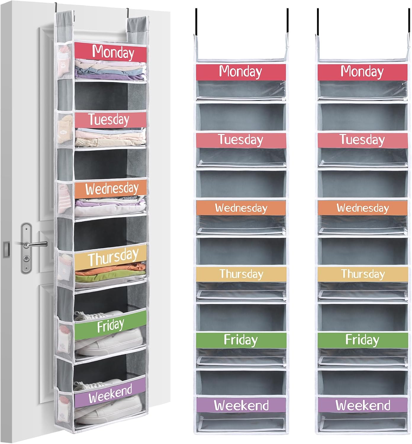 2 Pack Weekly Over the Door Organizer for Kids with 12 Side Pocket Hanging Clothes Organizer Closet Storage Monday Through Weekend Storage Shelves, 6 Shelf(Grey,Colorful)