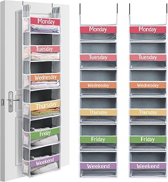 2 Pack Weekly Over the Door Organizer for Kids with 12 Side Pocket Hanging Clothes Organizer Closet Storage Monday Through Weekend Storage Shelves, 6 ShelfGrey,Colorful