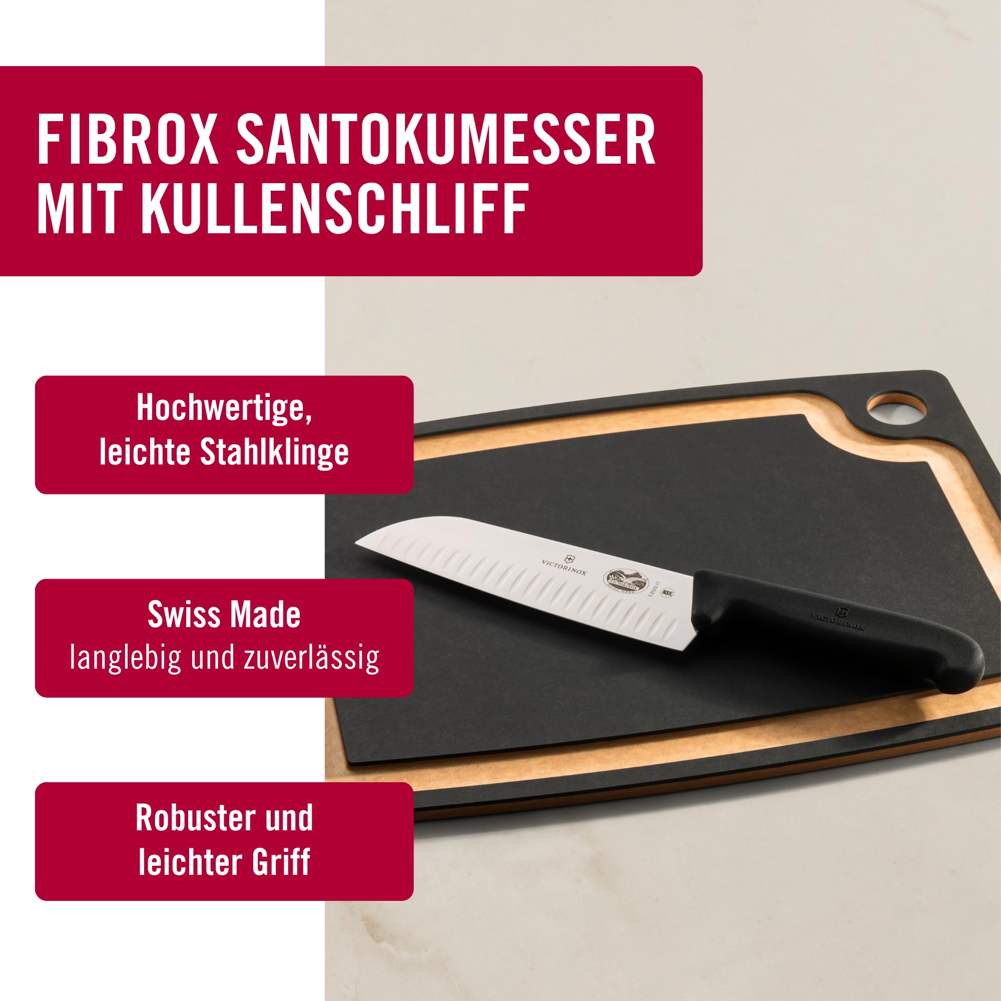 Victorinox Fibrox Santokumesser mit Kullenschliff, Japanisches Küchenmesser für Fleisch, Fisch und Gemüse, 17 cm, Scharf, HACCP geeignet, Schwarz