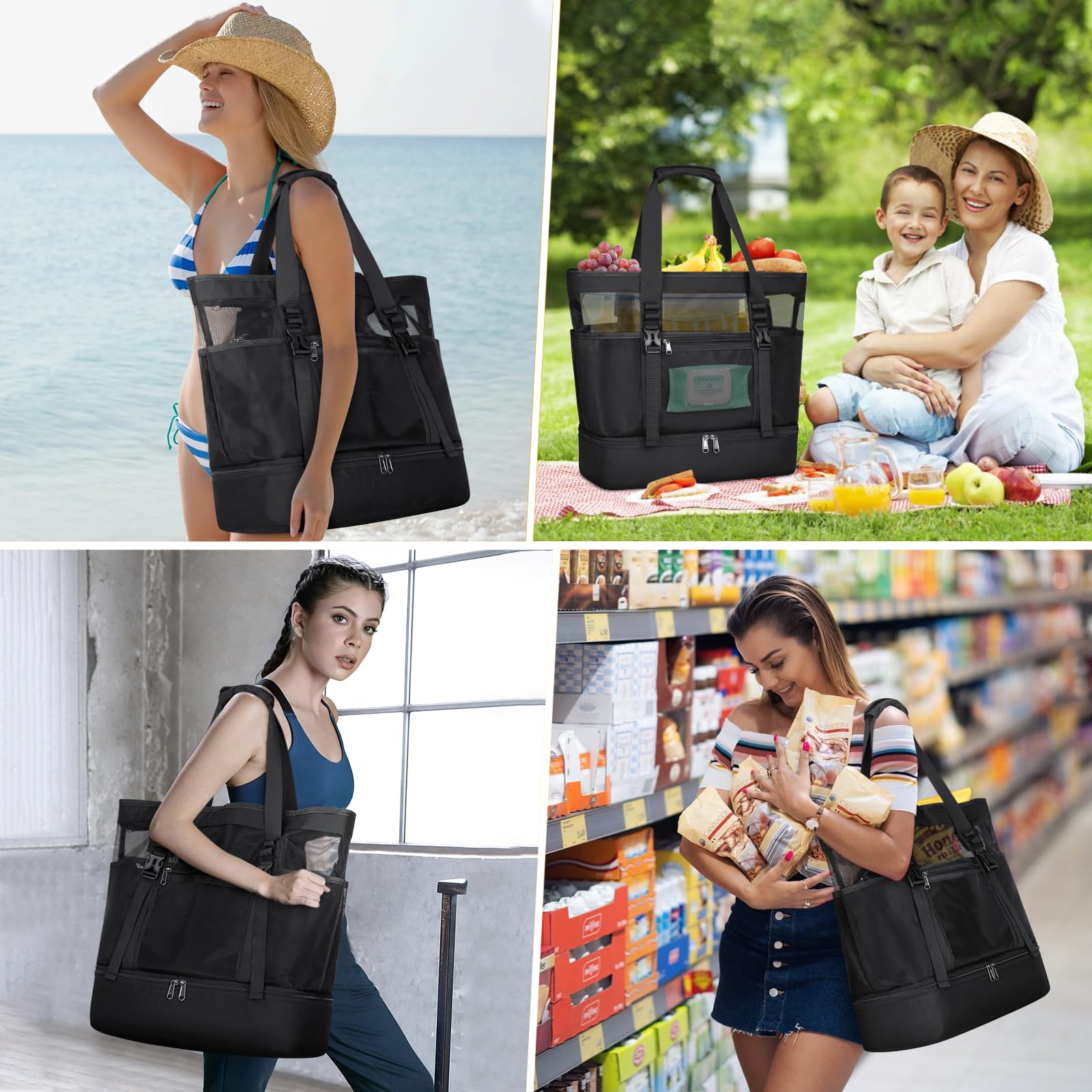 RAINSMORE Bolsa Playa Grande XXL Familiar Bolso Playa Mujer de Malla con Cremallera 42L Impermeable Bolsa Piscina para Viaje Compras Juguetes Negro