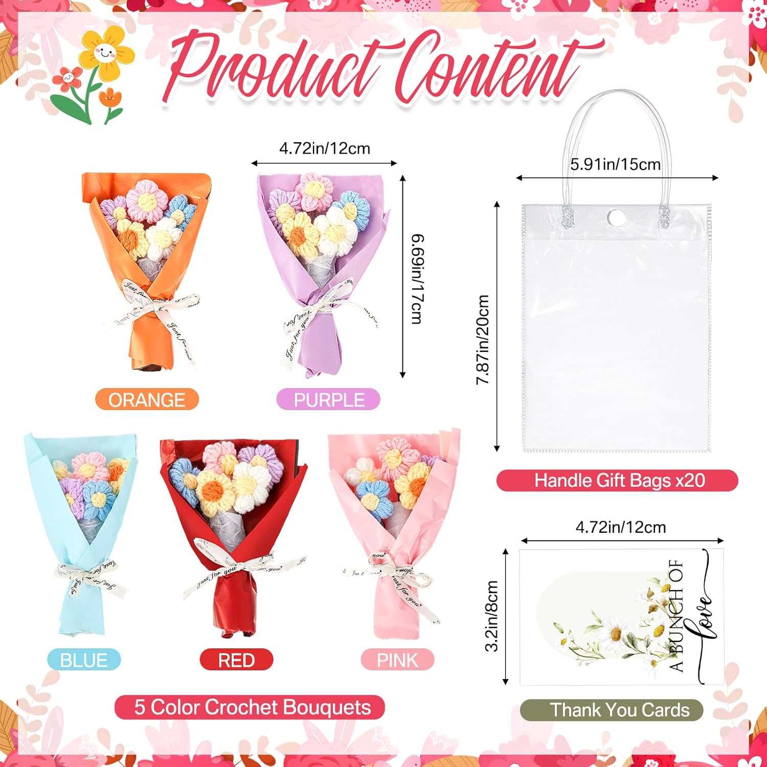 20 Sets Crochet Flowers Bouquet for Mom Grandma Lady Women Handmade Knitted Artificial Flowers with Sunflower a Bunch of Love Cards in Gift Bags Favors