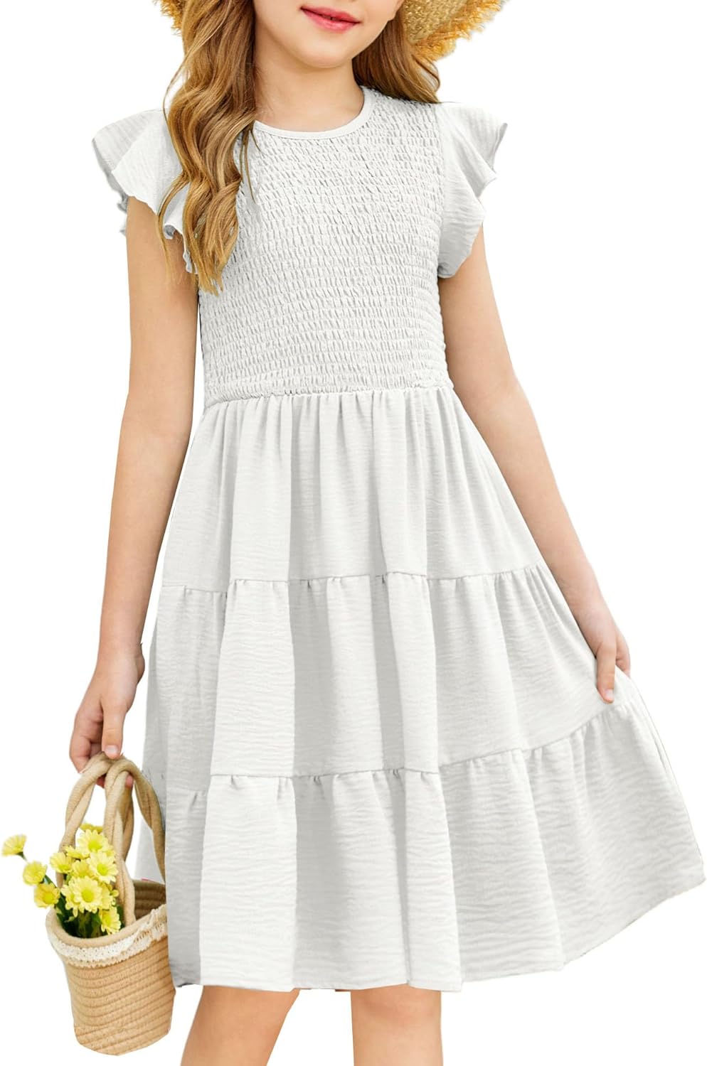 Arshiner Girls Summer Flutter Short Sleeve Sundress Smocked Elastic Waist Tiered Midi Dress with Pockets