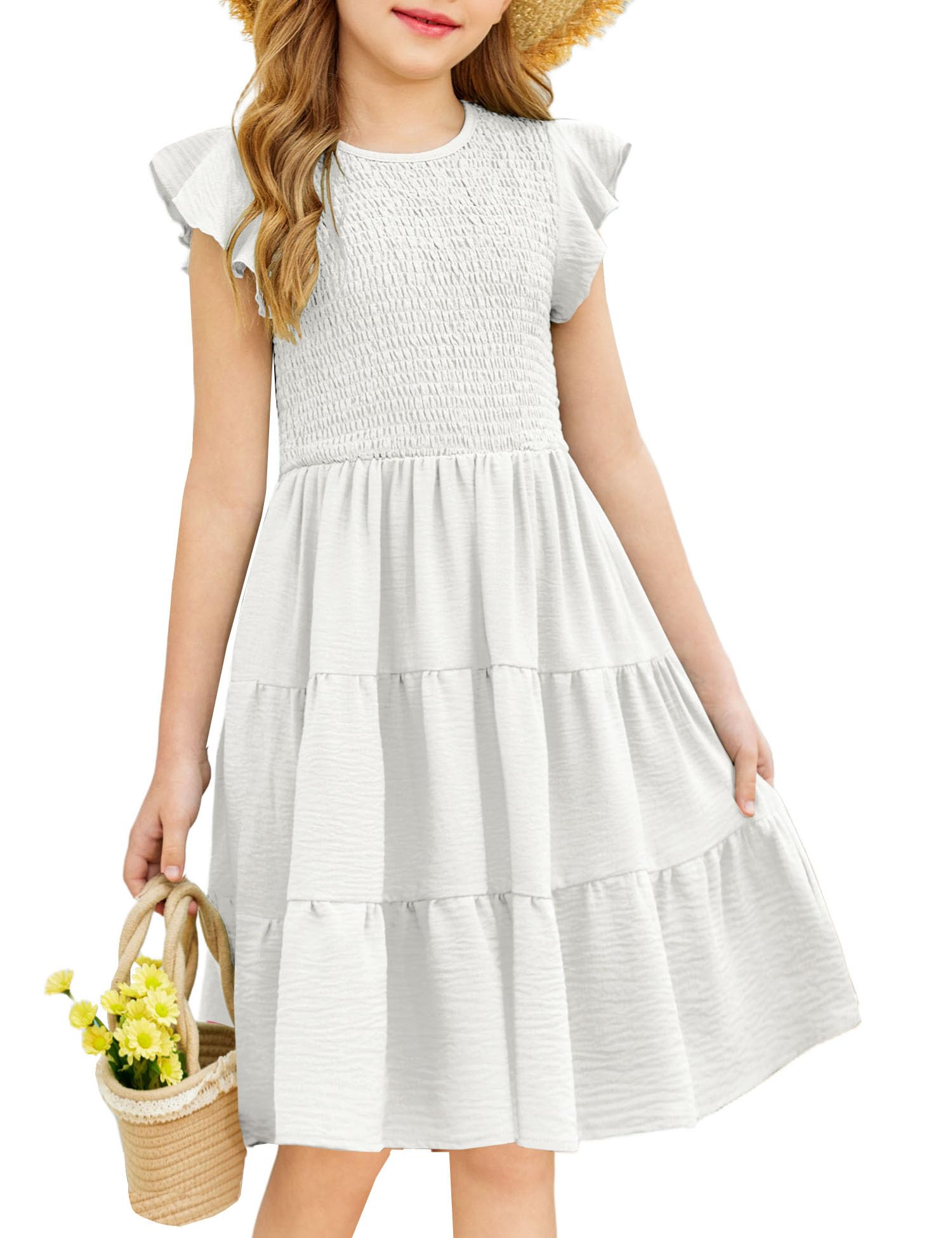 Arshiner Girls Summer Flutter Short Sleeve Sundress Smocked Elastic Waist Tiered Midi Dress with Pockets