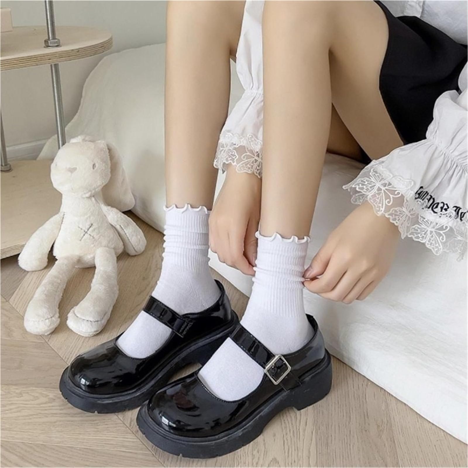 Calzini Donna Corti Set di Due Pezzi di Calze plissettate Tinta Unita da Donna, Calze di Media Lunghezza, CALZINO Donna(Black White)