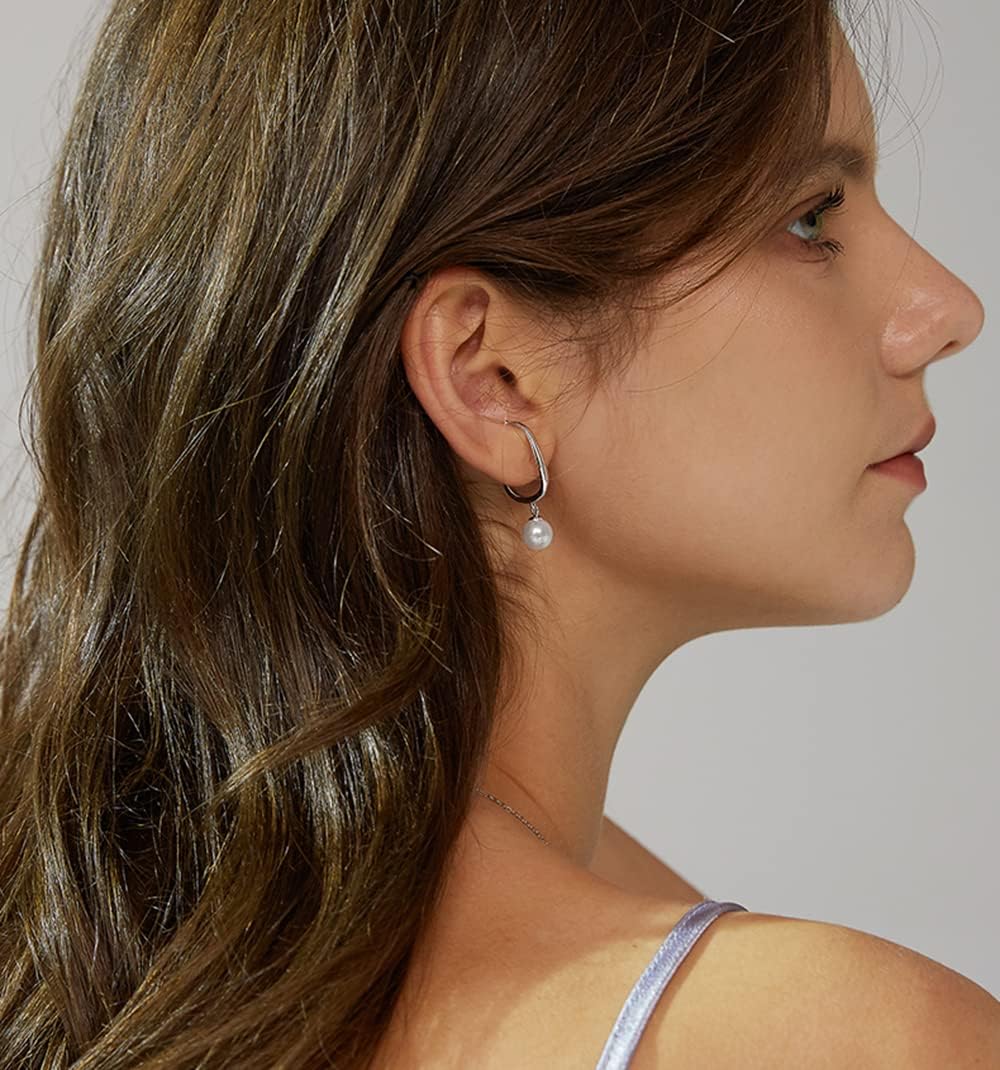 Cute Pearl Cuff Wrap Cartilage Earrings Sterling Silver 925 Classic Dangling Charm Pearl Threader Tasse Chain Clip On Hoop Earring Non Pierced Dangle Drop Stud Ear Jewelry Gifts for Women Girls Hypoallergenic