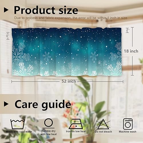 Miniatura 5 de Cenefas de cocina de copos de nieve de invierno para ventanas, cenefas opacas de copos de nieve de Navidad azul turquesa, cortinas de poliéster