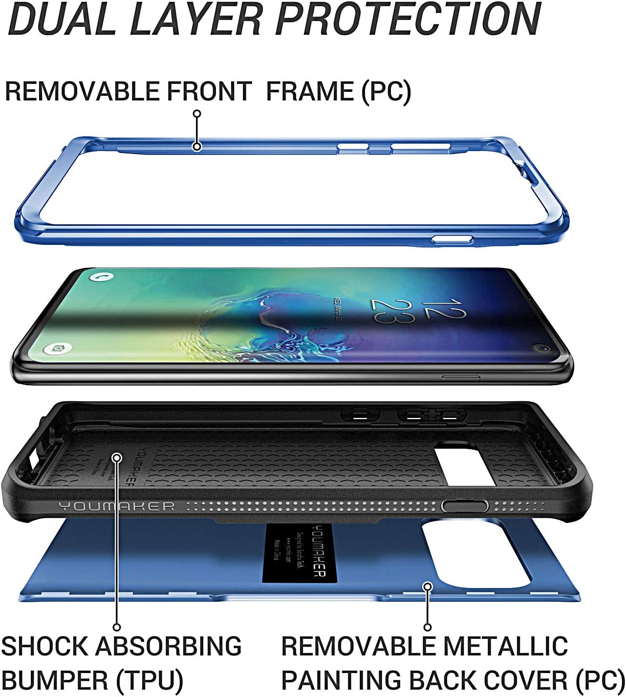YOUMAKER Case for Galaxy S10, Metallic Blue Heavy Duty Protection Full Body Shockproof Slim Fit Without Built-in Screen Protector Case Cover for Samsung Galaxy S10 6.1 inch- Blue/Black