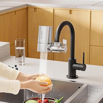 Vortopt Water Filter for Sink Faucet, NSF Certified Reduces Chlorine, 400 Gallon High Efficiency Water Filter System, Durable Kitchen Faucet FilterT1-Silver