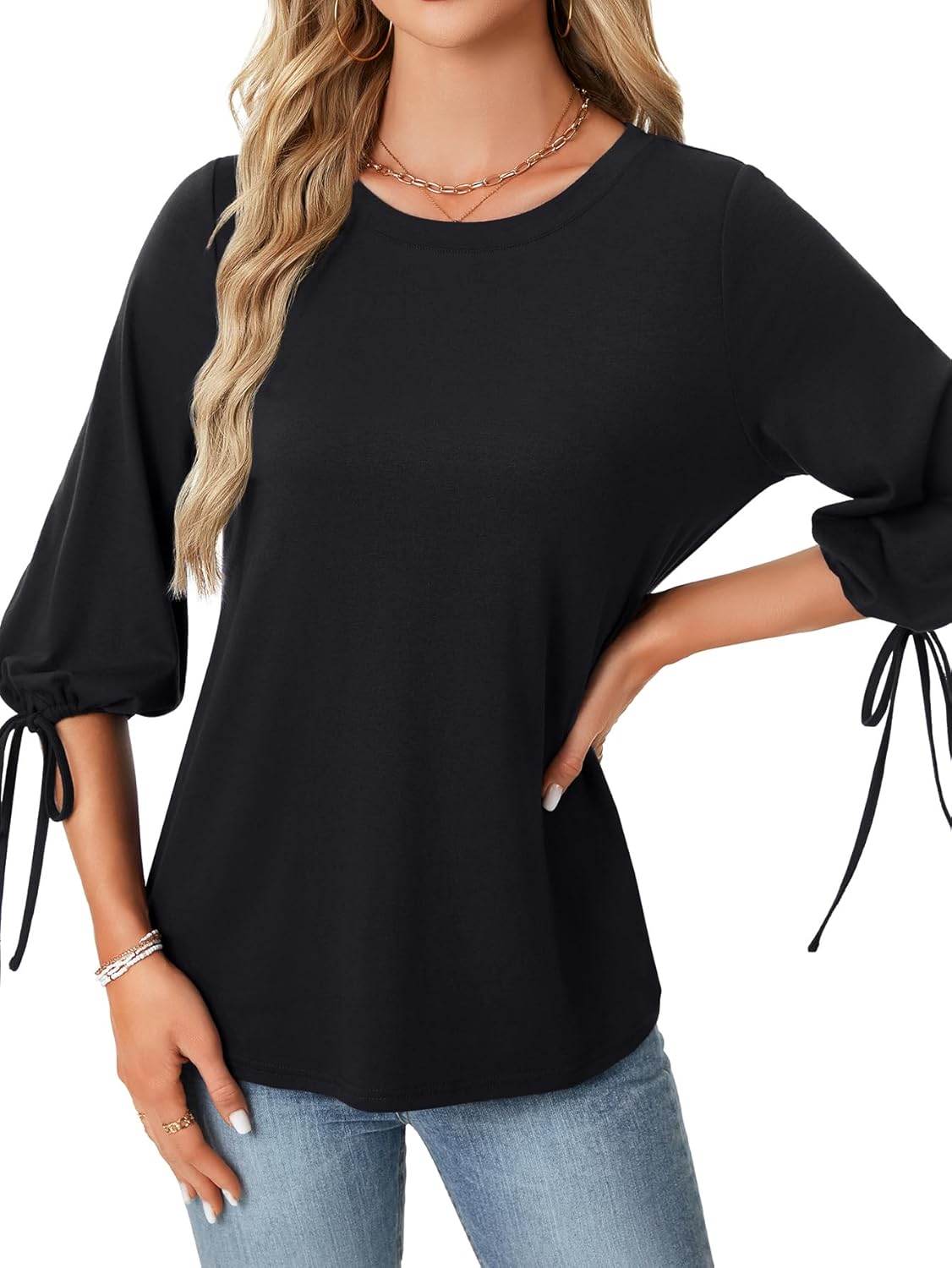 Vrtige Women Blouse 3/4 Tie Bow Sleeve Top Round Neck Tunic Tops Shirt - Image 4