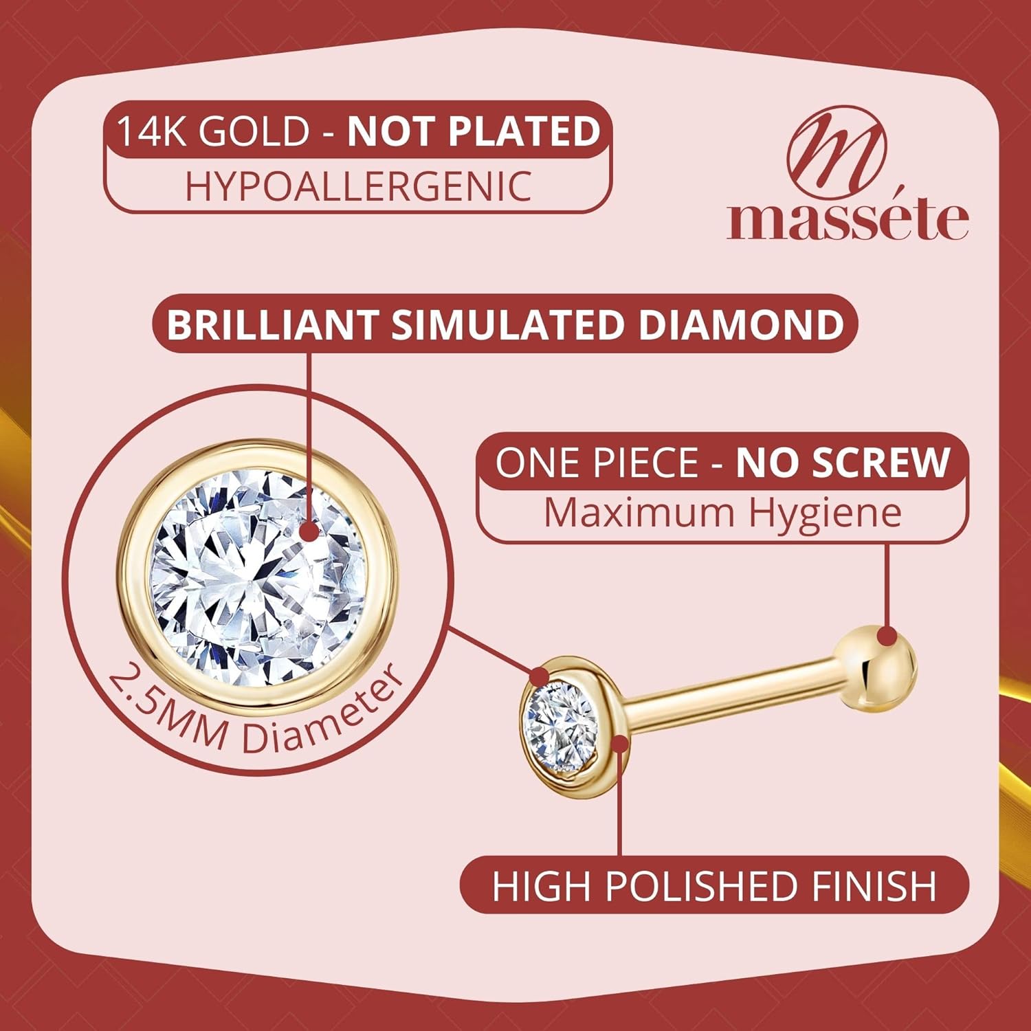 Massete 18k 14k Gold Nose Ring - 20g Nose Stud, Hypoallergenic Threadless Piercings for Women Men, Yellow White Rose Real Gold Standard or Long Nose Rings Studs, CZ or Ball Nose Piercing Jewelry