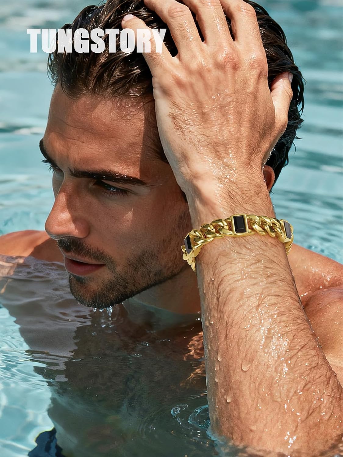 TUNGSTORY 18K Gold Filled Cuban Link Bracelet for Men, 8 Inches 12mm 316L Stainless Steel Black Onyx Mens Bracelets with Box Clasp, Waterproof, Non Tarnish Hip Hop Punk Rock Jewelry Gift for Him - Image 2