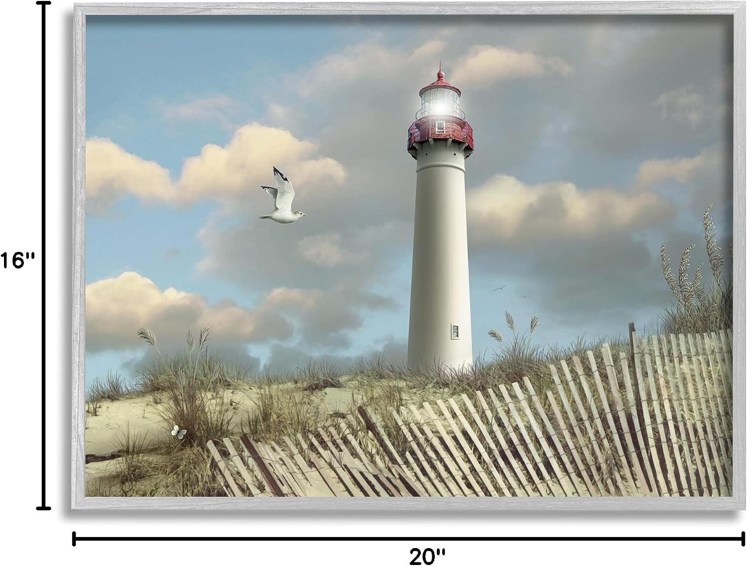 Stupell Industries 'Cape May Sand Dune Fence Lighthouse Beach Scene with Seagull', Framed Giclee Art, Gray, 20 x 16 Inches, Easy to Hang and Sturdy, Made in USA, by Alan Giana & Company