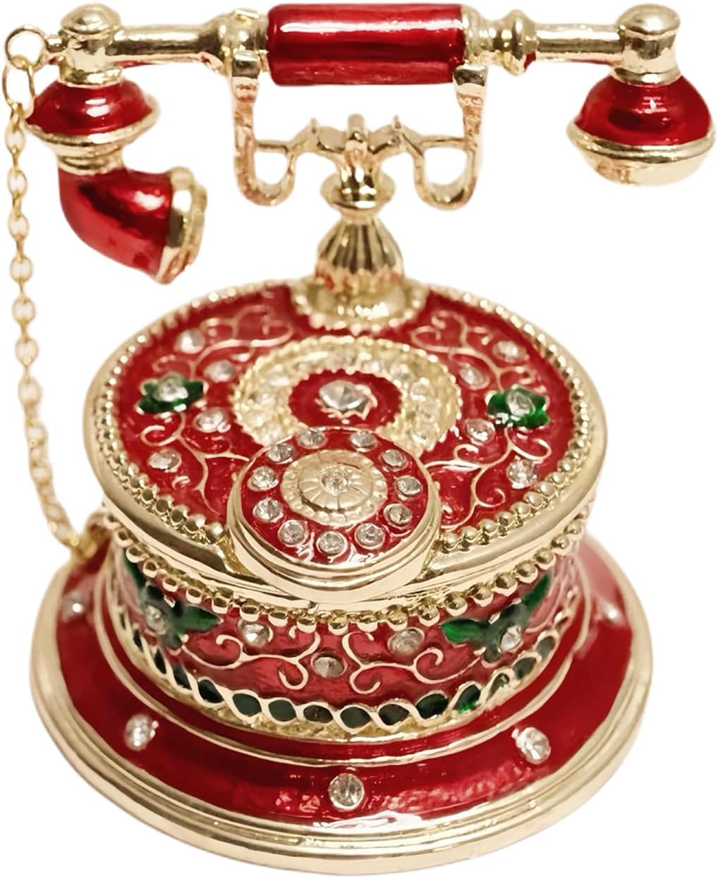 Vintage Rotary Telephone Jewelry Box, Red Enamel with Rhinestones, Decorative Trinket Storage