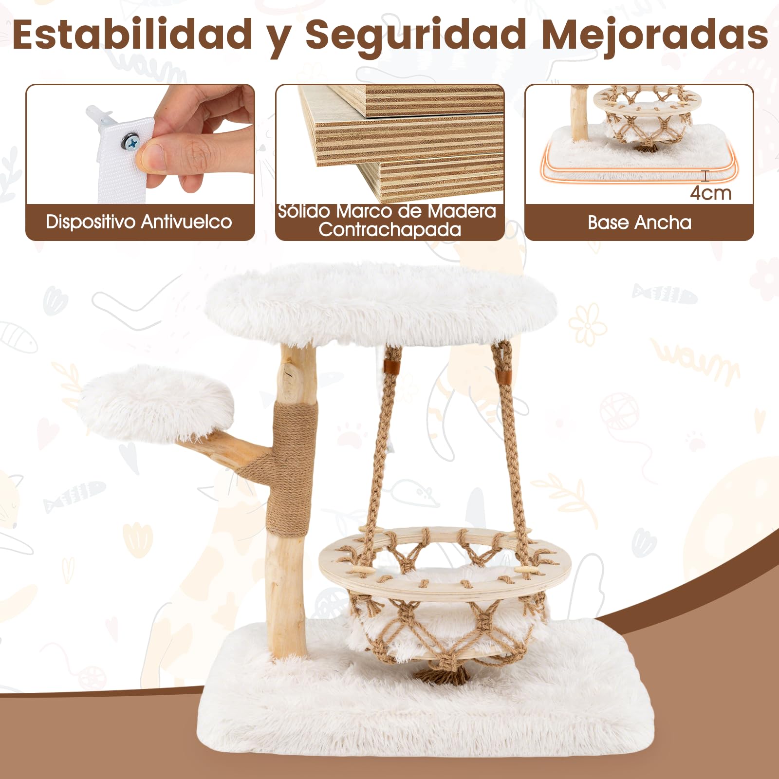 COSTWAY Árbol Rascador para Gatos Moderno, Marco de Madera Peral, 66 cm Torre para Gatitos con Cuna Colgante, Arbol Gatos con Plataforma Acolchada, Cojín de Peluche Suave, Poste de Yute, Blanco