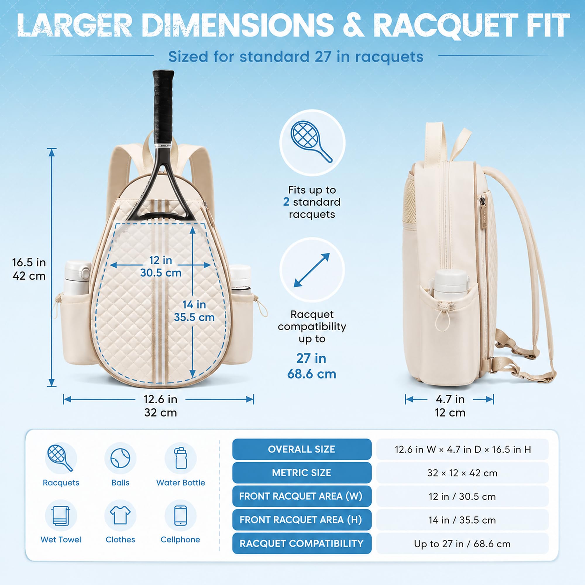 Borsa da tennis, zaino da tennis per uomo e donna, zaino sportivo impermeabile per 2 racchette da tennis, borsa multifunzione per tennis, badminton e pickleball