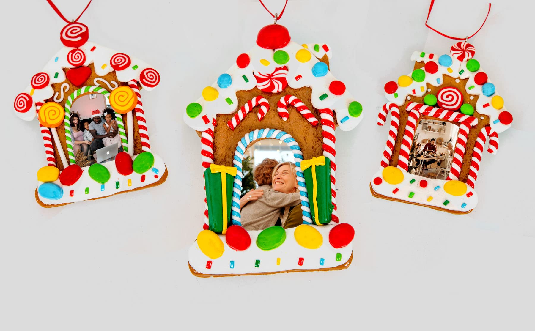 SHATCHI Christmas Tree Hanging Decorated with Candy Cane Personalise Photo Frame Xmas Tree Wall Home Décor Ornaments 3pcs Set, 11x7cm