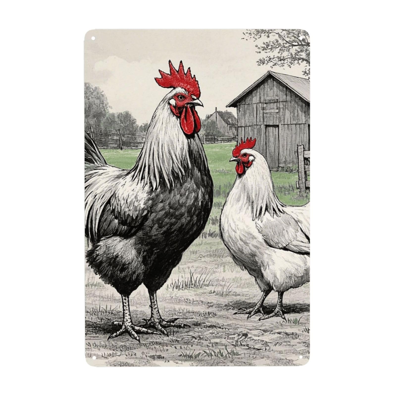Vintage Metal Tin Signs Retro Garage Signs Stylish Wall Art Plaques for Home Decor Unique Poster 8x12 Inch Rooster and hen sketch farm Metal Sign Outdoor Wall Decorations Gifts