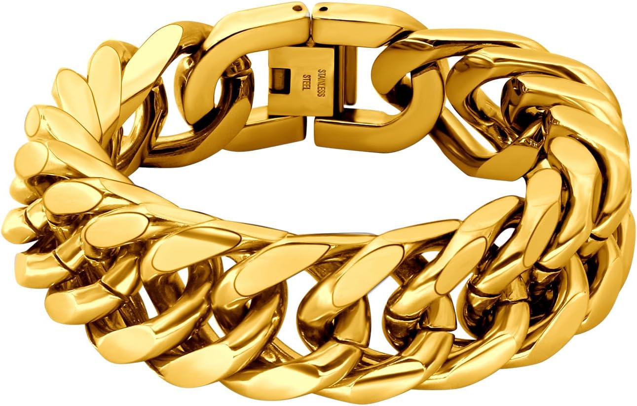 8/12/17mm Wide Cuban Link Bracelet for Men Father Gift 18K Gold/Black Plated Stainless Steel Bracelets 7.4-9 Inches(Gift Wrapped)