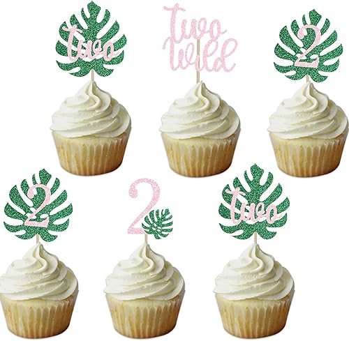 Safari Two Wild - Decoración para cupcakes para niñas, 2 hoja tropical, fiesta de cumpleaños, decoración de animales de la selva, color rosa 2