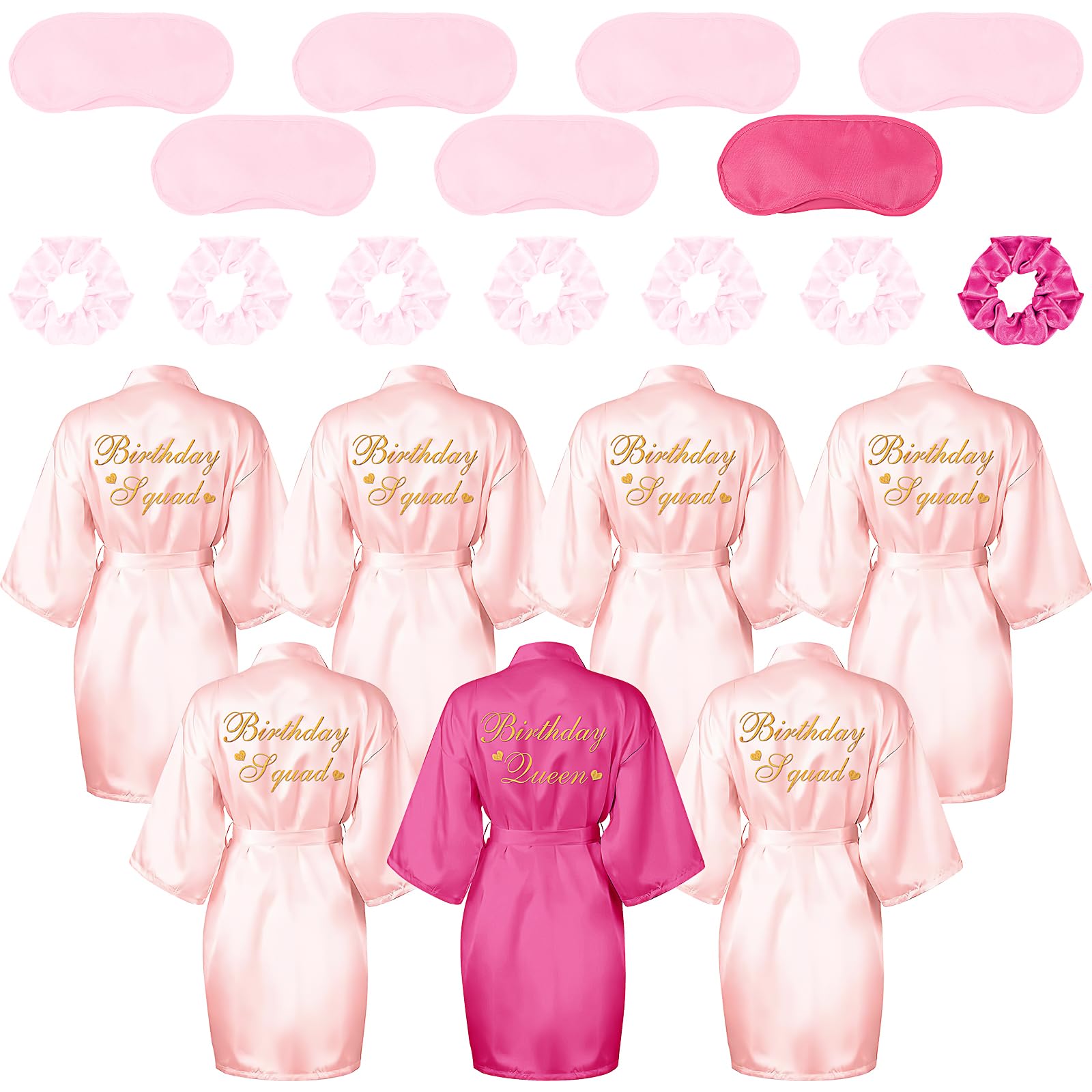 Ensemble de 21 peignoirs de fête d'anniversaire pour femme avec masque pour les yeux et chouchou - Kimono Queen Squad en satin pour anniversaire (rose rouge, rose)