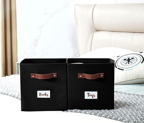 Miniatura 9 de DECOMOMO Cubos de almacenamiento de tela, 6 cubos para organizador de cubos, cubos de almacenamiento de 13 pulgadas con asas de piel sintética y