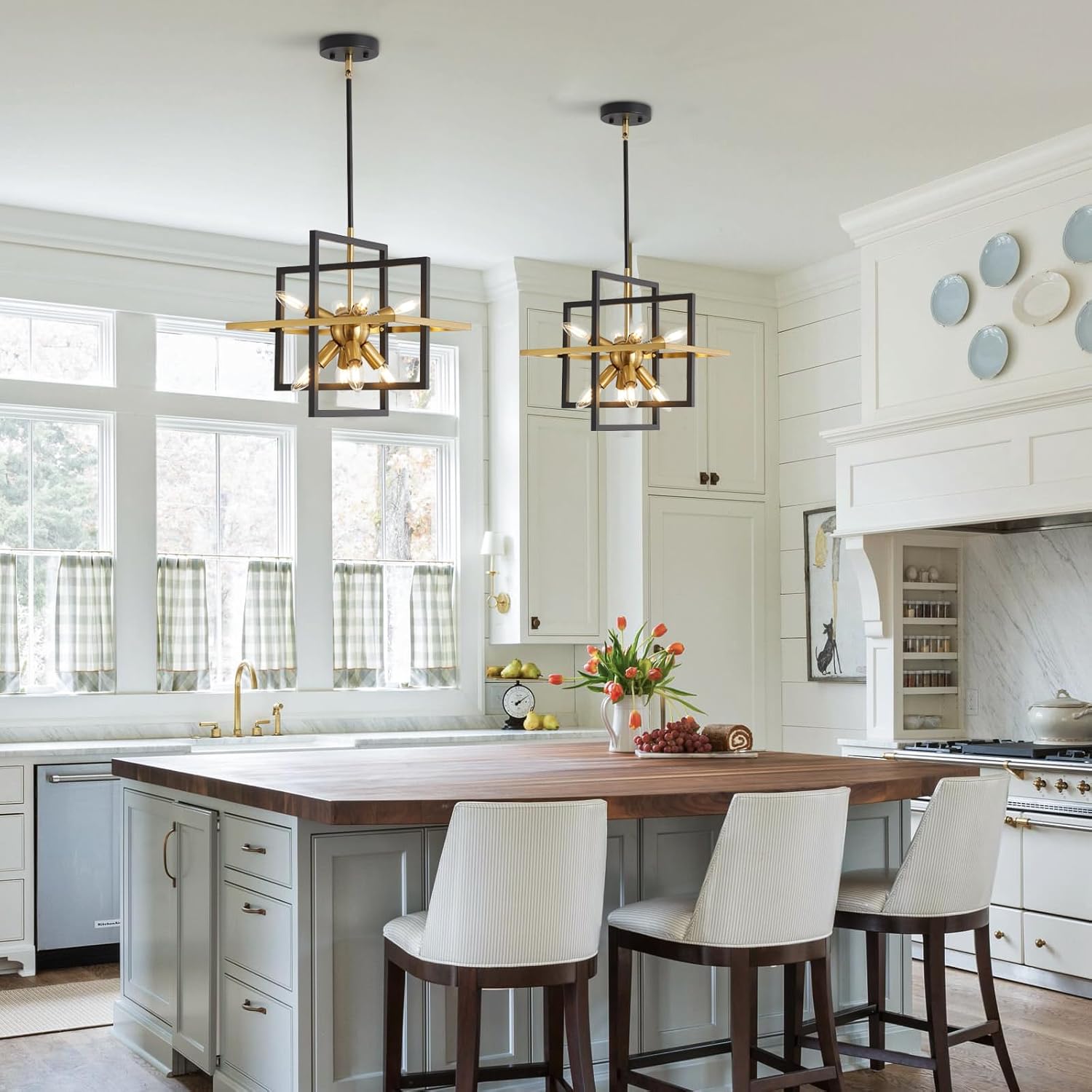 Modern Black and Gold Chandelier, 8 Light Lantern Pendant Light Geometric Sputnik Square Hanging Light Fixtures for Kitchen Islands, Dining Room, Farmhouse, Entryway, Foyers