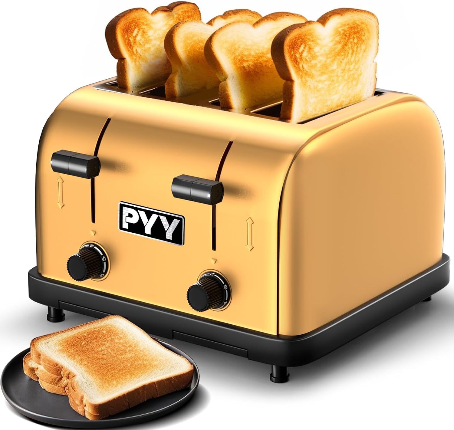 PYY Commercial Toaster 4 Slice for Restaurant - Wide Slots 1.57 inch Stainless Steel 6-Level Setting, with Removable Crumb Tray, 225 Slices/Hour 1800W - Bread, Bagels, Breakfast, Texas Toast