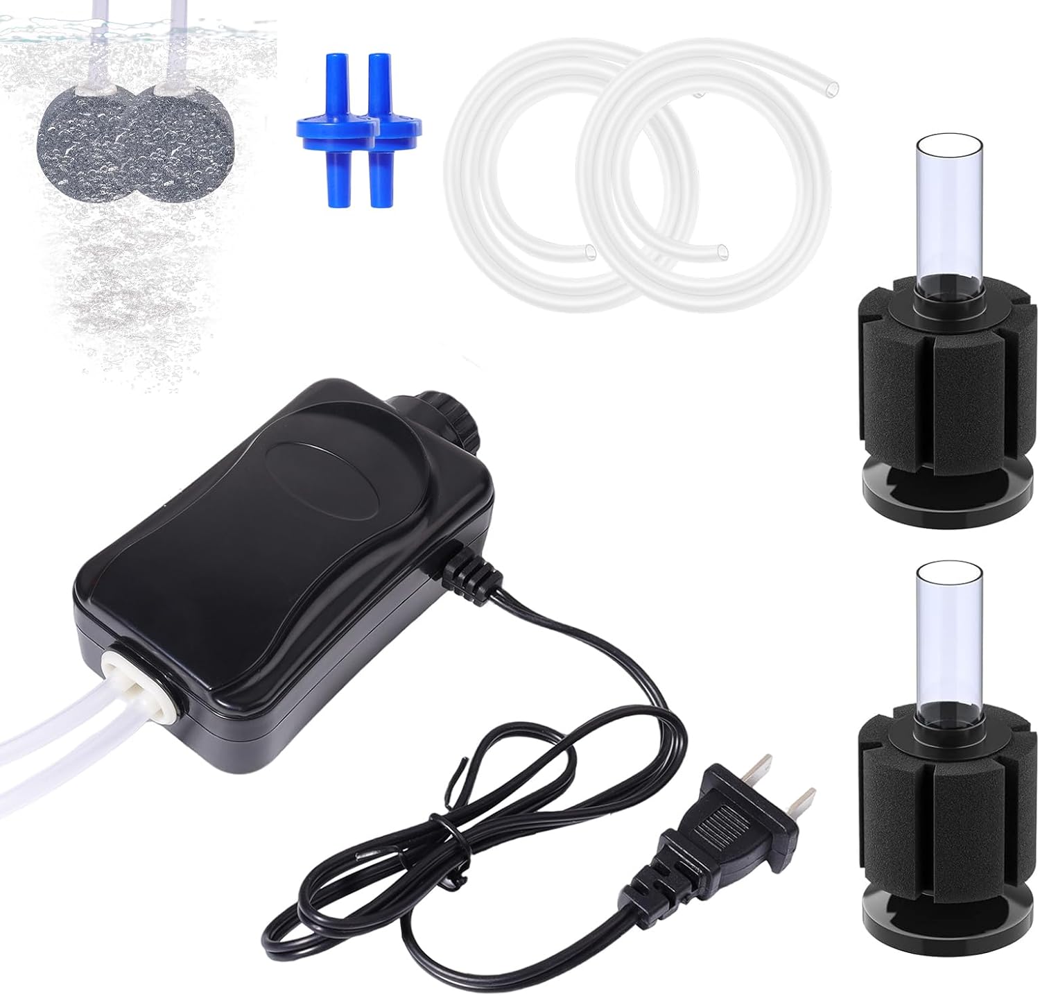 Dual Outlet Aquarium Air Pump Kit – Includes 2 Sponge Filters, Air Stones, Check Valves & Tubing