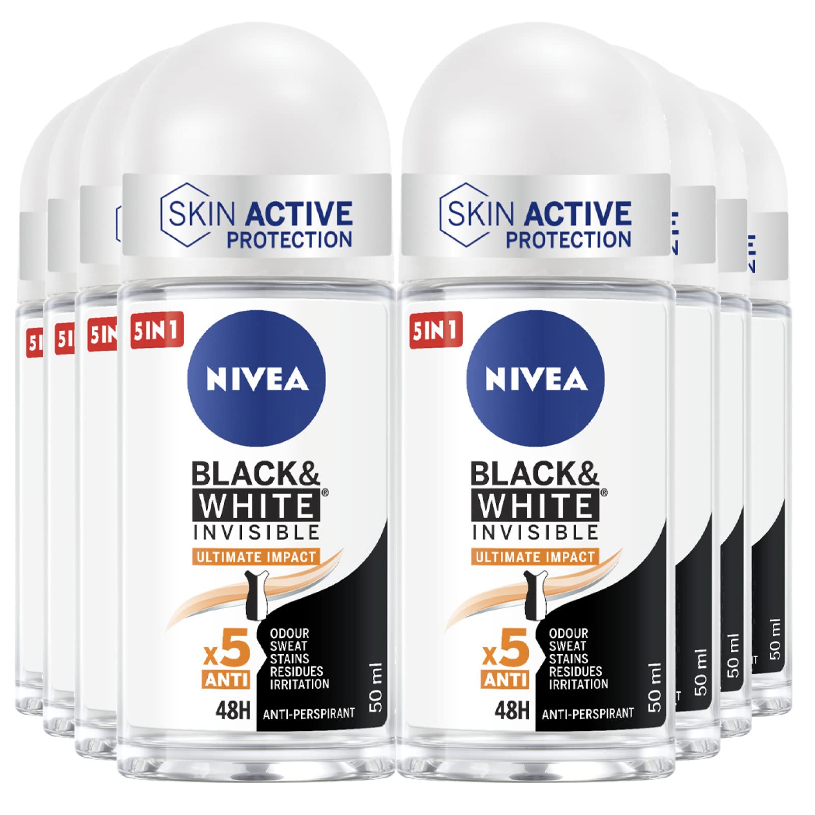 Nivea Black & White Invisible Ultimate Impact Deodorante Roll-On Antitraspirante 48h SkinActive Protection Senza Alcol Contro Cattivi Odori Sudore Macchie Residui Irritazioni - 8 Flaconi da 50ml