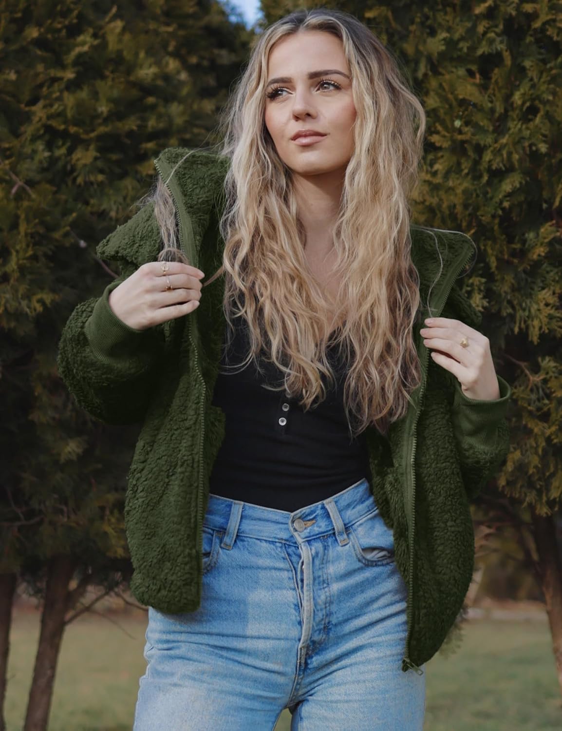 Micoson Womens Faux Fur Coat Winter Full Zip Sherpa Fleece Jacket Long Sleeve Warm Fuzzy Outerwear with Hooded - Image 4