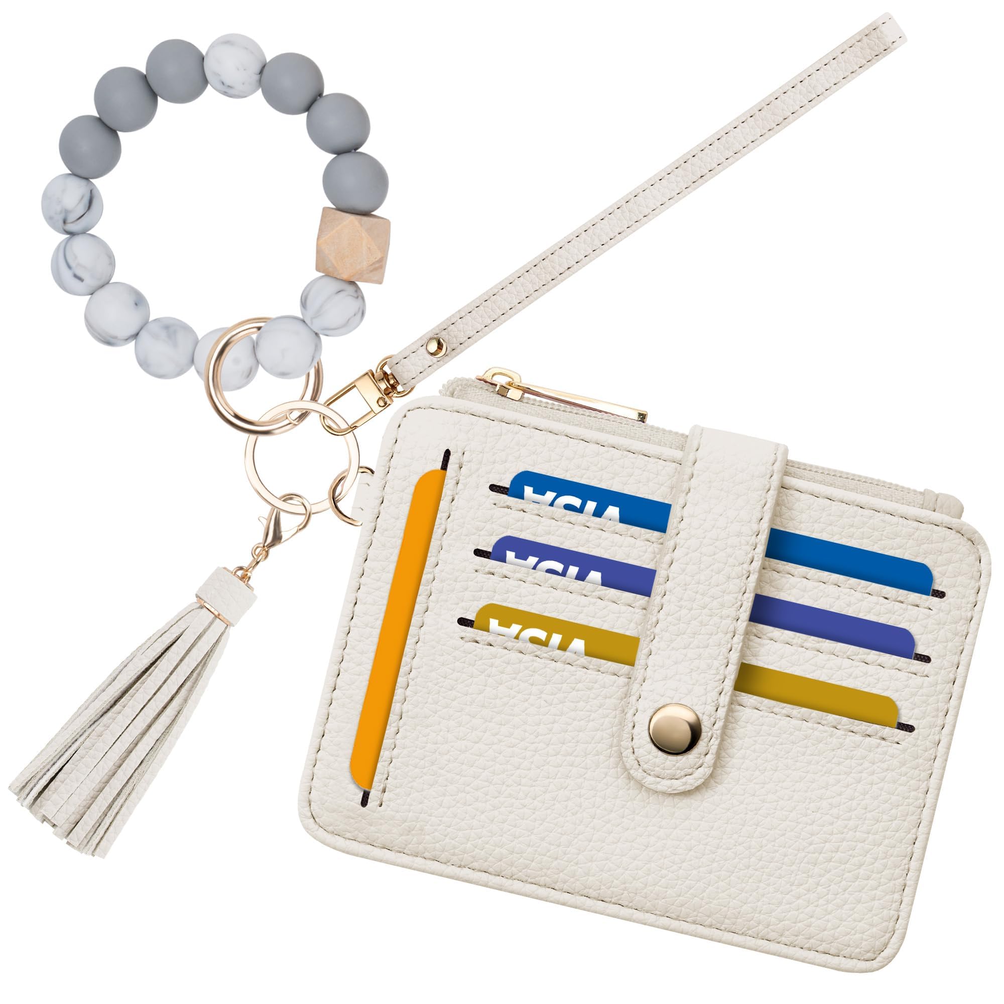 Airkit Wristlet Wallets for Women, Keychain RFID Blocking Credit Card Holder, Small Girly Wallet with Bracelet, Silicone Beaded Tassel Key Ring Card