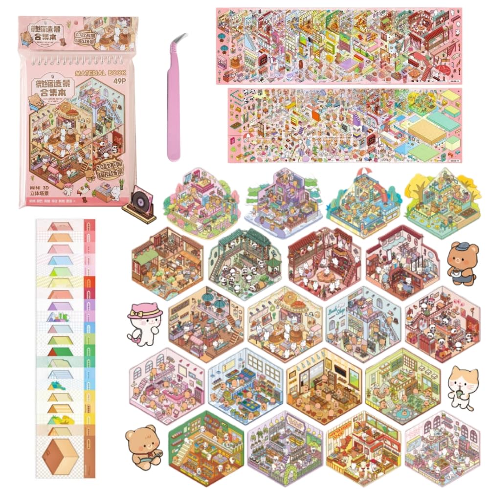 Tuyatezhi Women's Hc 20Sunshine Town 3D Stickers Scene Sticker,Diy Miniature House Scene 20 Sets Fun Stickers With Tweezers Make Your Own Warm Home Sunshine Town Sticker For Adults Girls Relief Stress,Party Birthday Favors Gift