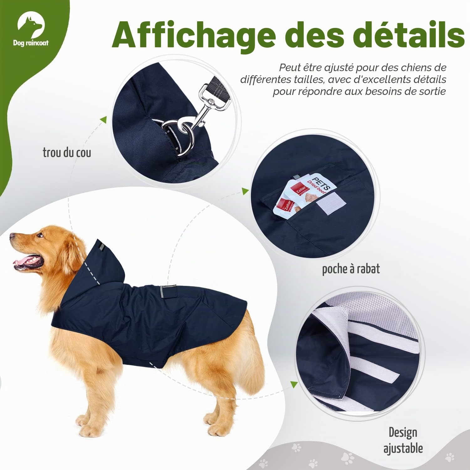 Imperméable pour Chien Zellar avec Capuchon, imperméable pour Chien 100% étanche ultraléger et aéré avec Bandes réfléchissantes pour Chiens Moyens à Grands(5XL, Bleu)