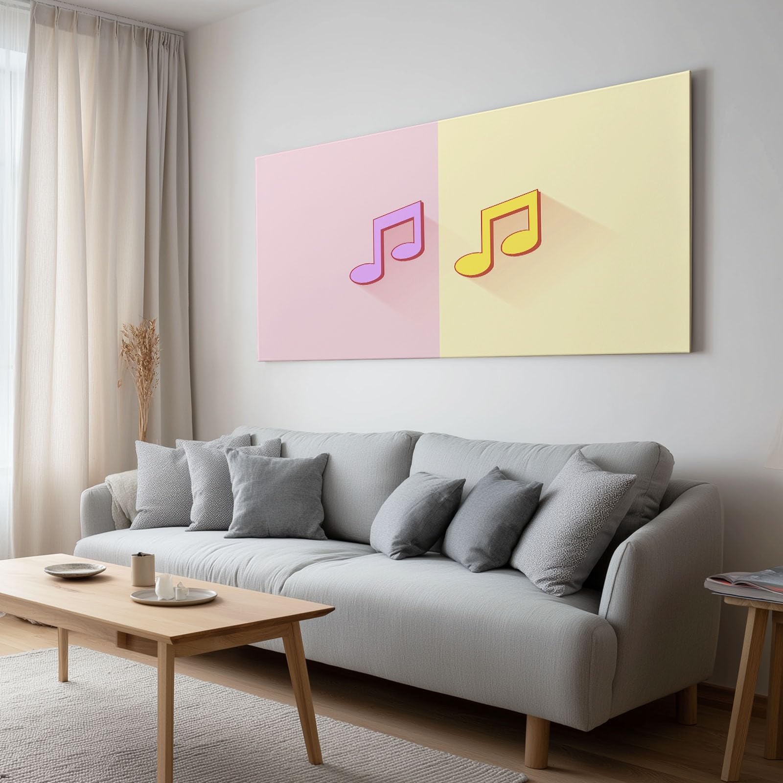 Minimalistisch Geometrisch Musiknoten Modernes Leinwandbild 90L x 60B cm mit Rahmen, Lila Gelb XXL Wanddeko für Wohnzimmer Geschenk Idee Einzug - Hochwertiger Kunstdruck auf Holzrahmen