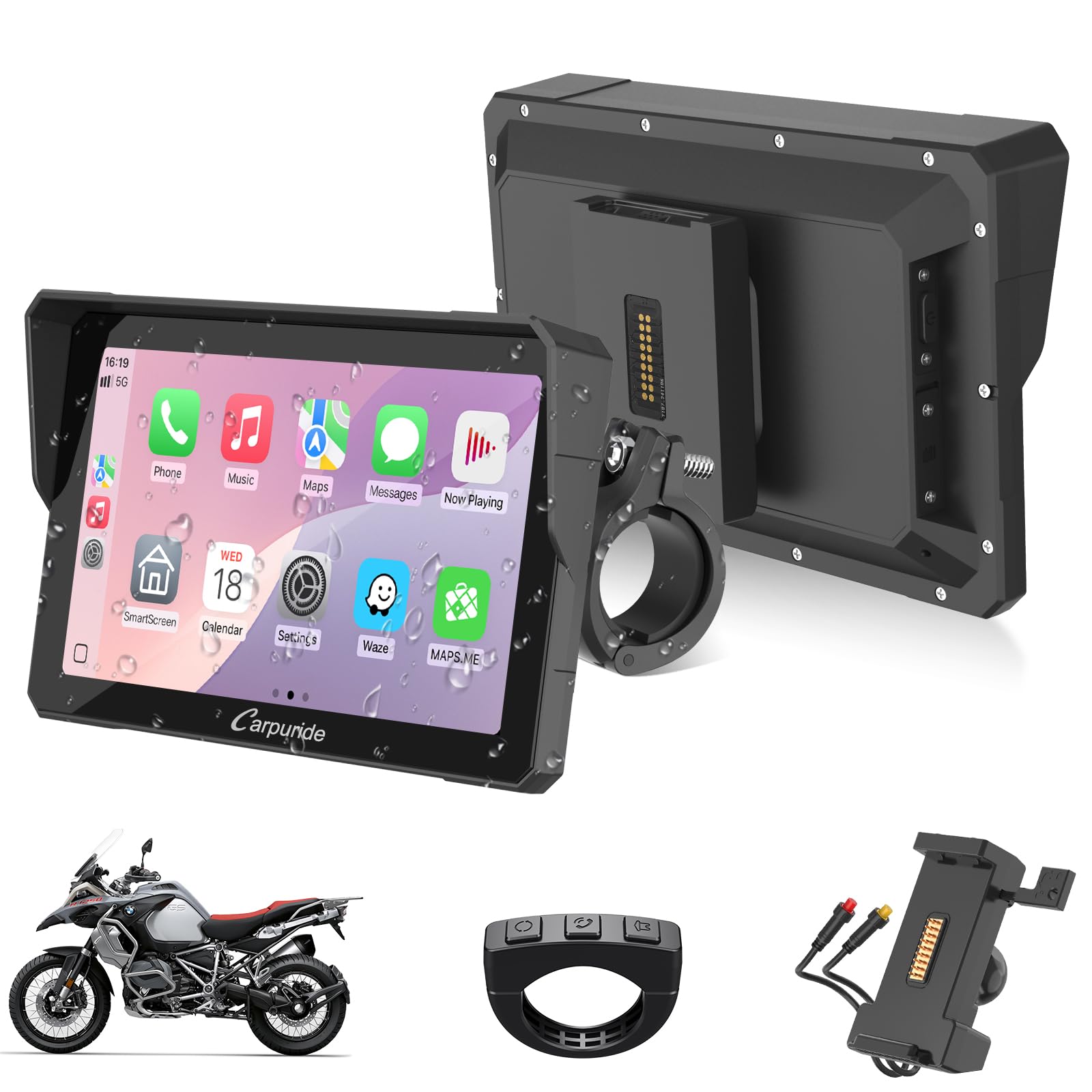 CARPURIDE W702S Moto Carplay Schermo 7" Impermeabile Touchscreen Senza Fili CarPlay Android Auto Bluetooth