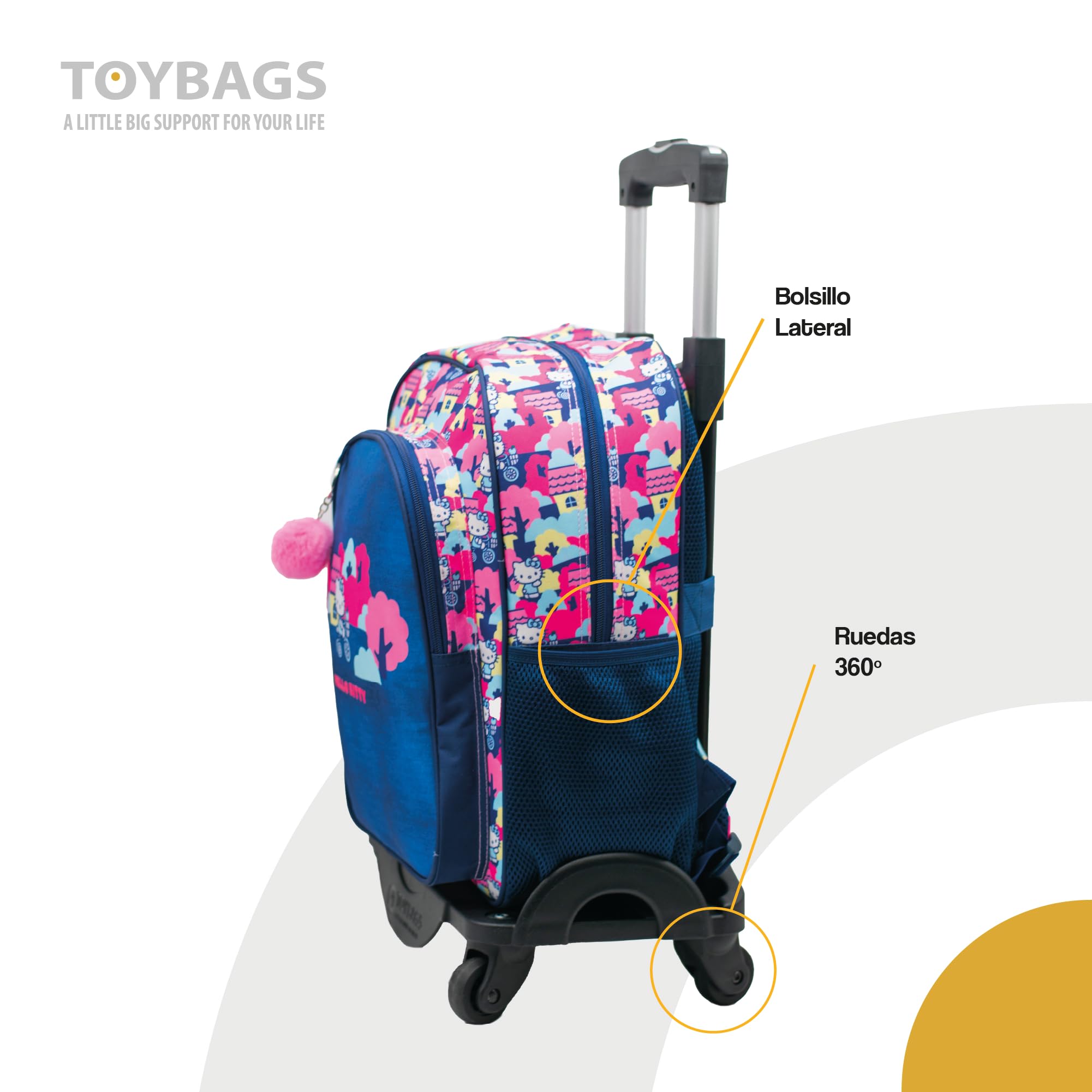 TOYBAGS Mochila Escolar Hello Kitty - Doble Compartimento Adaptable + Carro Negro Proteccion Lateral Y STOPER Frontal Anti CAIDA 4 Ruedas giratorias - 44 X 30 X 20 CM