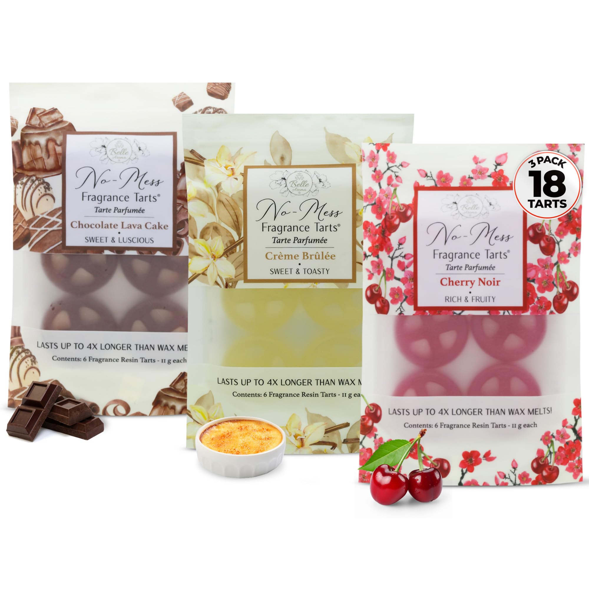 Belle Aroma No-Mess Fragrance Tarts for Wax Warmers – Solid Fragrance Alternative to Wax Melts (Designed Not to Melt), Heat-Activated Scent, 18 Mini 3 Pack Crème Brûlée Chocolate Lava Cake Cherry Noir