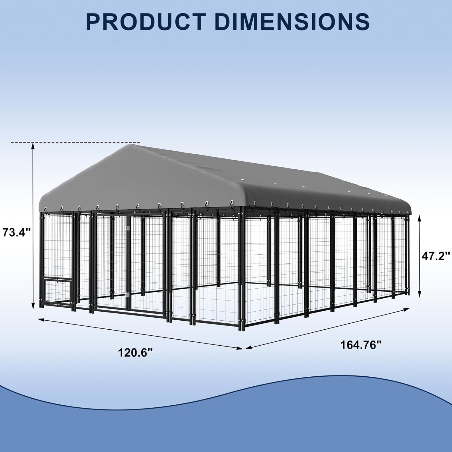 Diagram showing the product dimensions of the dog kennel