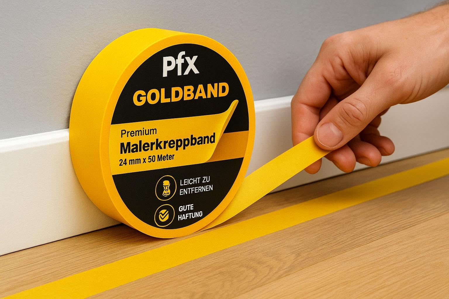 Taśma malarska PfX Goldband – 3 x taśma malarska 24 mm x 50 m (rolka), profesjonalna taśma maskująca, taśma Washi Tape, złota taśma papierowa, samoprzylepna, czyste krawędzie i precyzyjne naklejanie