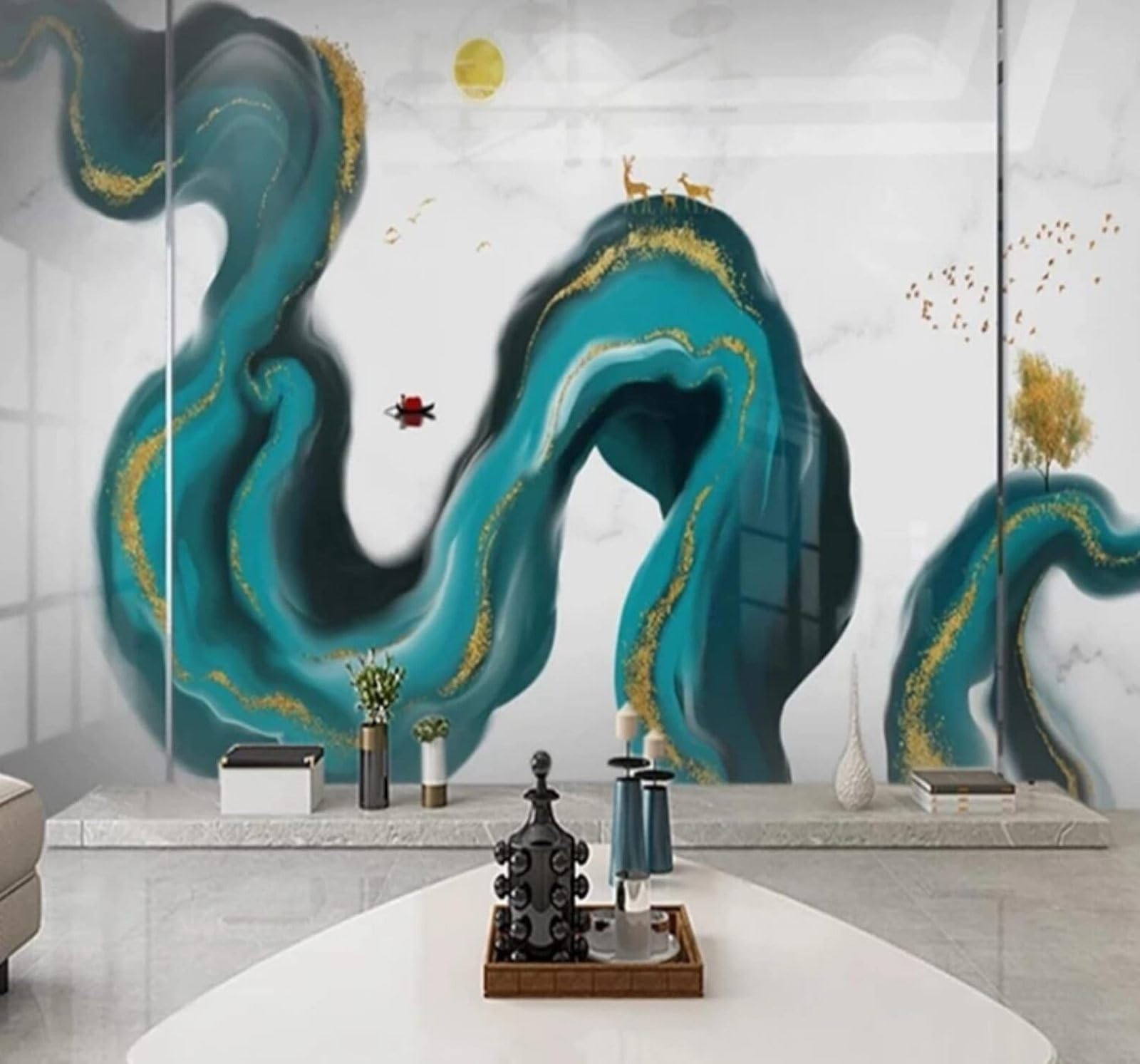 Wallpaper-3D-Xlm 300Cm×210Cm(B×H) Abstract Ink Landscape Reindeer Trees Mist 3D Wallpaper Easy Install Feature Office Living Room Sofa Bedroom Tv Background Wall Decoration-300Cm×210Cm